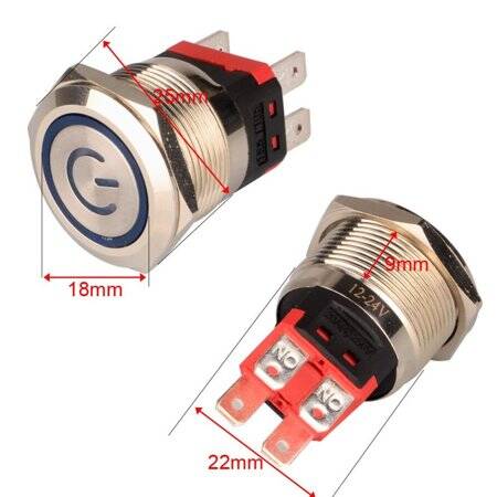 Flat Head 22mm 12-24V Waterproof Self-Locking Metal Push Button Switch With Blue Led Light And Switch Socket Button Connector - 5