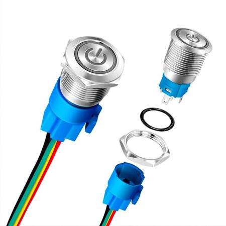 Flat Head 22mm 12-24V Waterproof Self-Locking Metal Push Button Switch With Yellow Led Light And Switch Socket Button Connector - 2