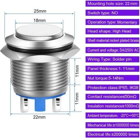 Flat Head 22mm 3-6V Waterproof Momentary Self-Resert Metal Push Button Switch With Blue Led Light - 3