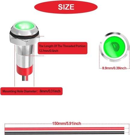 Green 10-24V 8mm LED Metal Indicator Light With 15cm Cable - 4