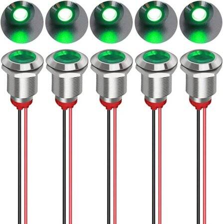 Green 220V 12mm LED Metal Indicator Light With 15cm Cable - 1