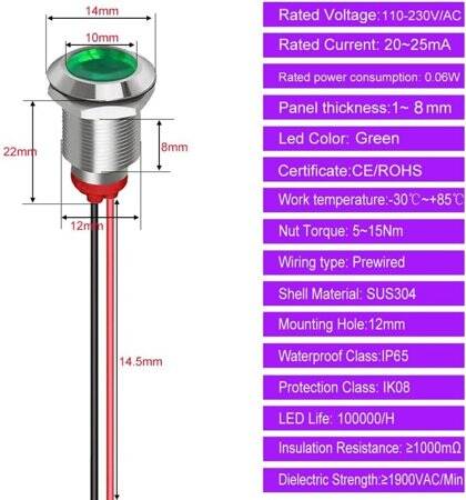 Green 220V 12mm LED Metal Indicator Light With 15cm Cable - 5