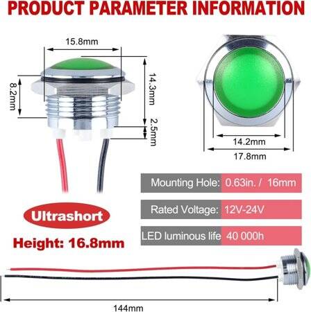 Green 220V 14mm LED Metal Indicator Light With 15cm Cable - 2