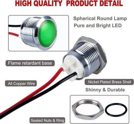 Green 220V 14mm LED Metal Indicator Light With 15cm Cable - 3