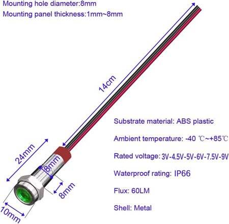 Green 3-9V 8mm LED Metal Indicator Light With 15cm Cable - 4