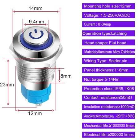 High Head 12mm 12-24V Waterproof Self-Locking Metal Push Button Switch With Blue Led Light - 5