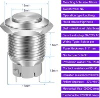 High Head 16mm Waterproof Self-Locking Metal Push Button Switch Without Light - 3