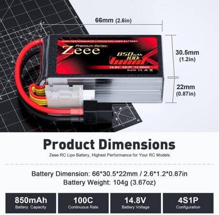 Kırmızı 850 MAH 4 S 14.8 V 25C Yüksek Güç Yüksek Kaliteli Model Uçak LIPO Pil JST Dişi - 2