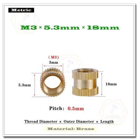 M3 18x5.3mm Brass KnurLed Injection Molding Nut OD=5.3mm - 2