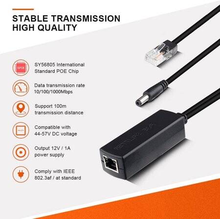 Non-Isolated DC5.5x2.1mm 100M PoE Splitter 48V To 12V1.2A - 3