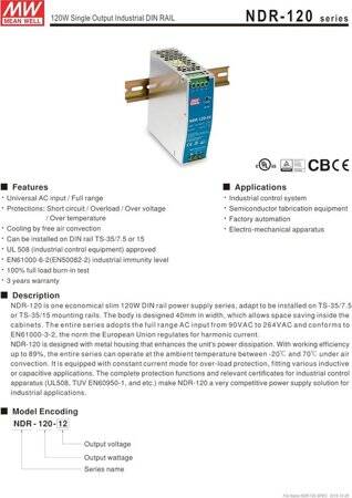 Orijinal Tayvan MEAN WELL NDR-120-12 Raylı Güç Kaynağı - 2