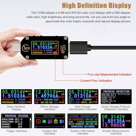 RD TC66 Type-C PD TTrigger USB-C Voltmeter Ammeter Voltage 2 Way Current Meter Multimeter PD Charger Battery USB Tester USB Communication + PD Switch - 6