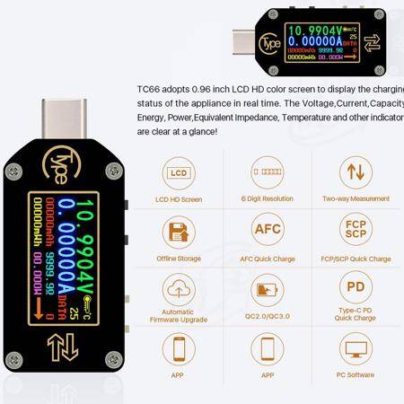 RD TC66C Type-C PD TTrigger USB-C Voltmeter Ammeter Voltage 2 Way Current Meter Multimeter PD Charger Battery USB Tester USB + BT Communication + PD Switch - 7