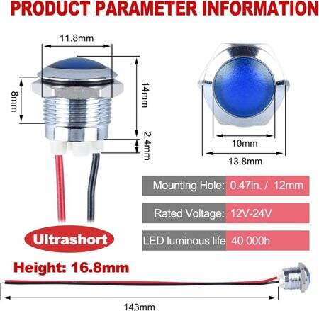 Red 10-24V 14mm LED Metal Indicator Light With 15cm Cable - 2