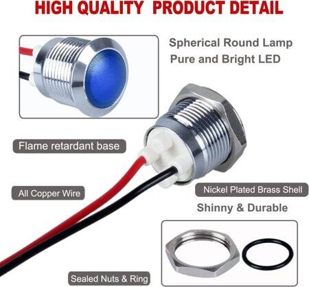 Red 10-24V 14mm LED Metal Indicator Light With 15cm Cable - 3