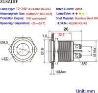 Red 10-24V 16mm LED Metal Indicator Light - 3
