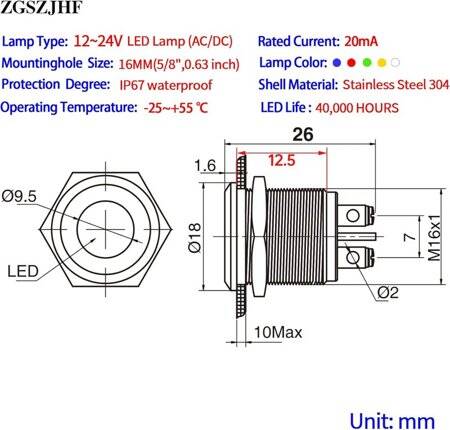 Red 10-24V 16mm LED Metal Indicator Light - 3