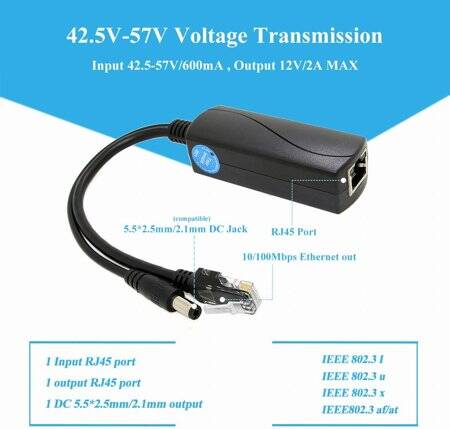 SDAPO PS5712AT DC5.5x2.1mm 100M PoE Splitter 48V To 12V 2A - Normal Version - 4