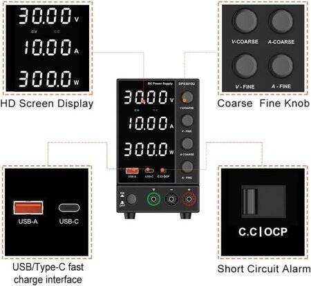 Siyah WPS3010H 30V 10A DC Ayarlı Güç Kaynağı 220V EU Fişli - 3