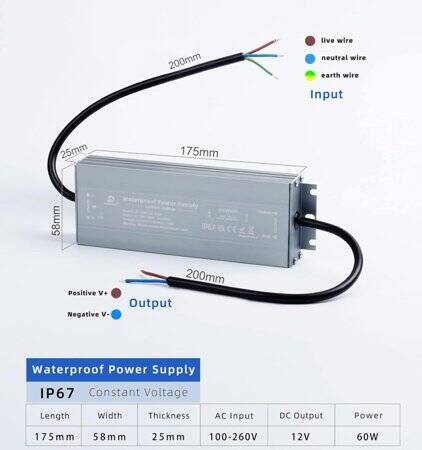 Su geçirmez Gri CB-12V-60W 5A Led Ultra İnce Aluminyum Kasa Mikro Anahtar Kablolu Güç Kaynağı - 5