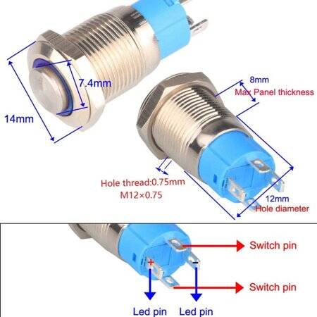 Ultra-Short Flat Head 12mm 12--24V Waterproof Momentary Self-Resert Ultra-Thin Touch Metal Push Button With Red Led Light - 4