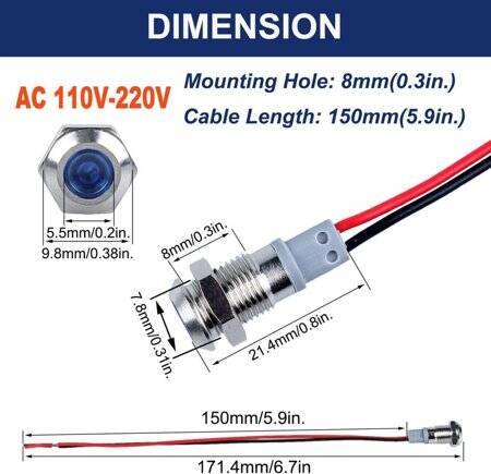 White 220V 8mm LED Metal Indicator Light With 15cm Cable - 3