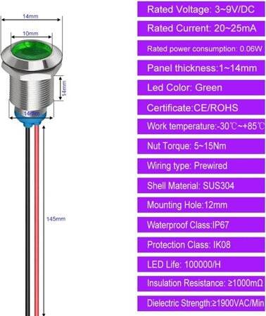 White 3-9V 12mm LED Metal Indicator Light - 5