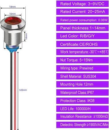 White 3V AD22C-12 LED Metal Indicator Light - 5