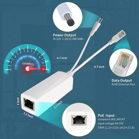 White DC5.5x2.1mm 100M PoE Splitter 48V To 12V 2A - 3
