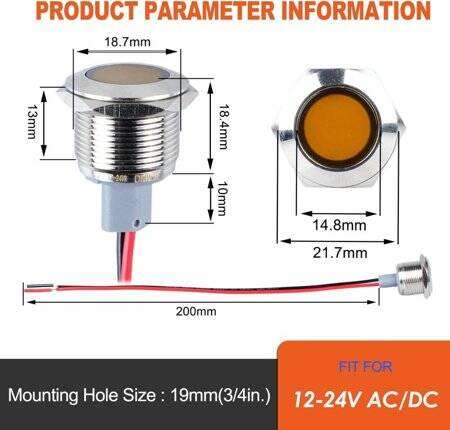 Yellow 3-9V 19mm LED Metal Indicator Light - 2